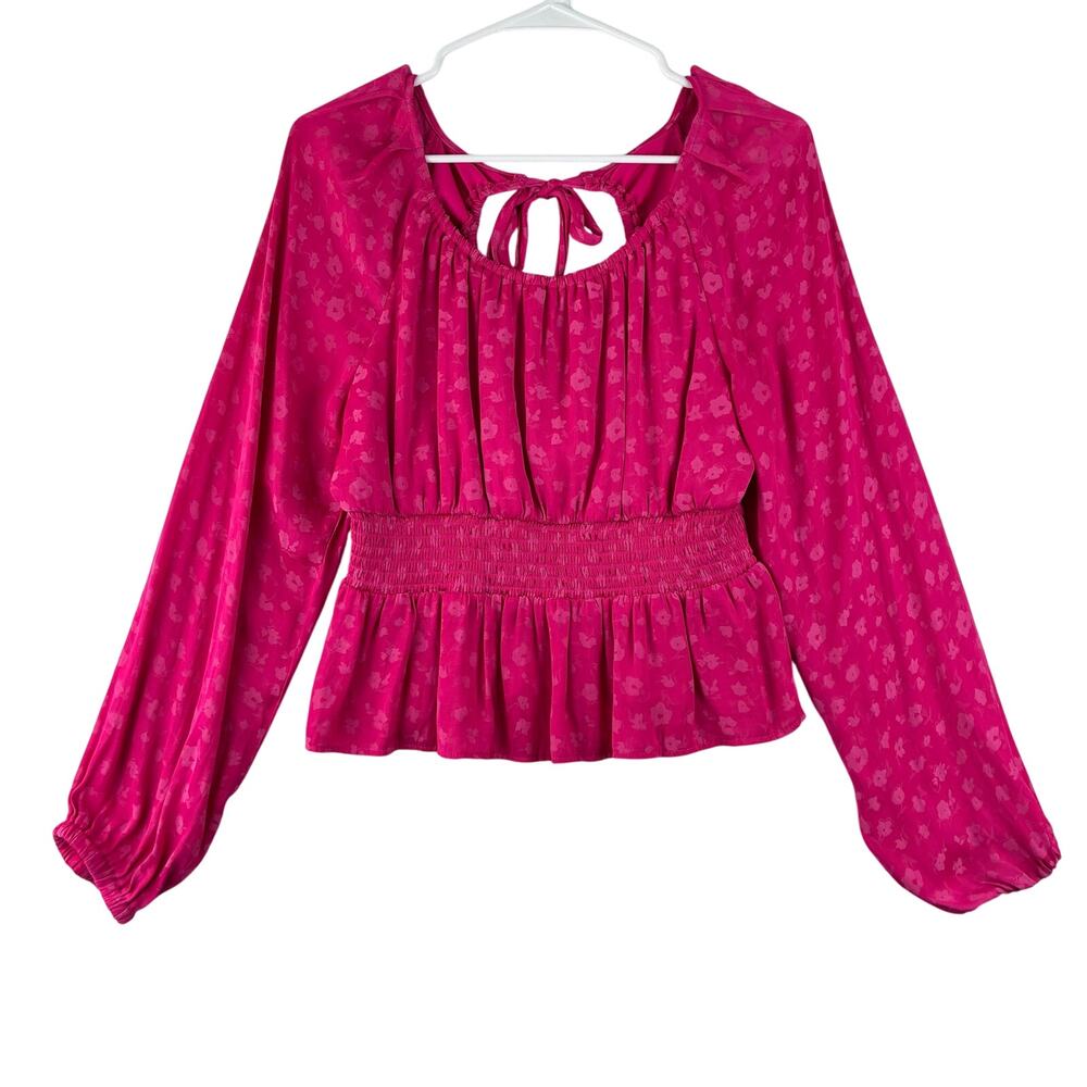 Versona Peplum Long Sleeve Top Women's Medium Pink Floral Smocked Puff Peasant